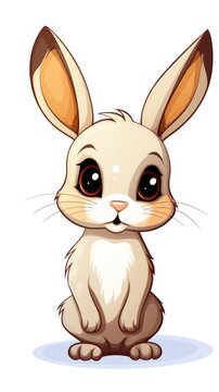 A cartoon of a tan rabbit with brown eyes and ears. It has a white belly and small black whiskers.