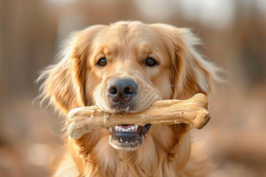 Golden Retriever dog with rawhide bone