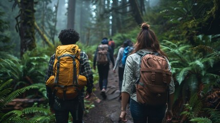 Fototapeta na wymiar Diverse Group of Friends Hiking Towards a Lush Forest Trail Generative AI
