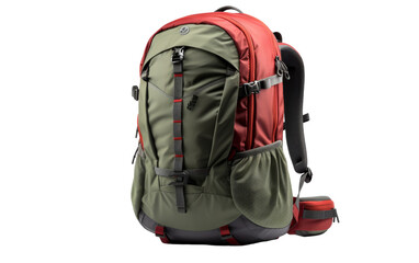 A vibrant red and green backpack rests against a crisp white background