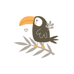 Fototapeta premium cartoon toucan, decorative elements. flat style, colorful vector illustration for kids. baby design for cards, poster decoration, t-shirt print