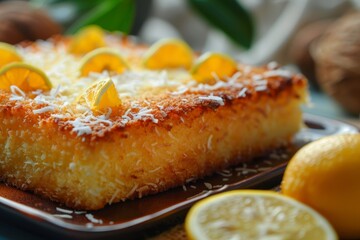 Gourmet dessert homemade coconut citrus cake with lemon syrup Focus on quality