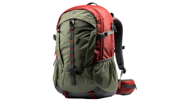 A vibrant red and green backpack rests against a crisp white background