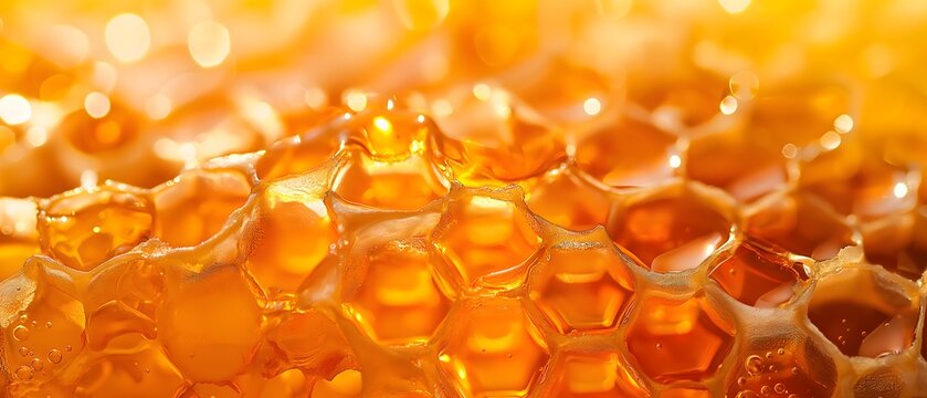 Nahaufnahme Honigwarben, goldener Honig flie&szlig;t &uuml;ber Honigwarben, Nektar aus Bl&uuml;tenstaub