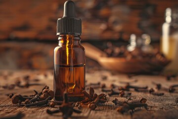 Clove essential oil showcased in an amber glass bottle with a pipette - obrazy, fototapety, plakaty
