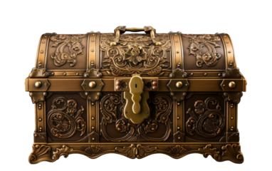 An antique chest with a weathered lock, standing mysteriously in a dimly lit room