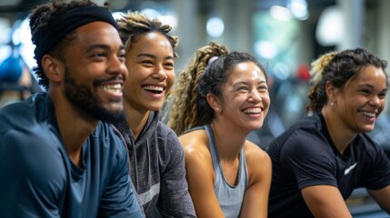 Diverse Group Enjoying a Laughter Break on Gym Steps Generative AI - obrazy, fototapety, plakaty