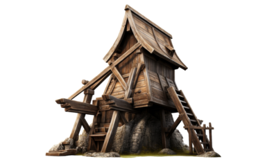 A wooden structure with a ladder leading to the top against a clear sky