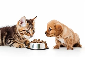 Content cat and famished puppy with an empty bowl White background