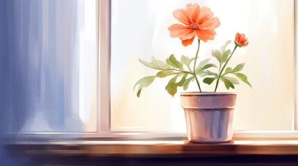 A single orange flower in a white pot sits on a windowsill. The flower is in full bloom and there are a few leaves on the stem. T