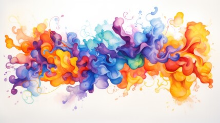 Abstract painting of colorful ink splash on white paper. The colors include orange, blue, purple, and red. The design is made up of swirls and curves.