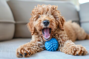 Happy puppy playing with toy Fluffy dog lying with ball Labradoodle 3 months old