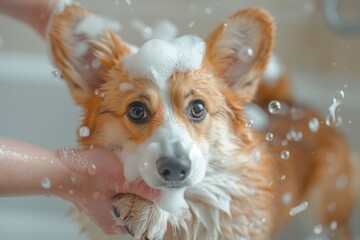 girl washing corgi puppy with big ears in soapy bathroom