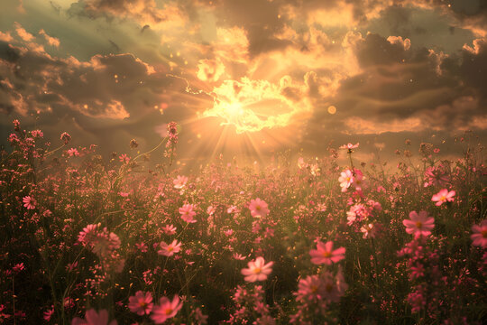 a field full of pink flowers with the sun shining through the clouds in the middle of the picture and the sun shining through the clouds in the middle of the middle of the picture.