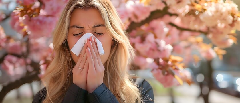 Frau, die an einer saisonalen Pollenallergie leidet, niest, mit einem Taschentuch, in der Nähe eines blühenden Baumes im Freien, Konzept Heuschnupfen