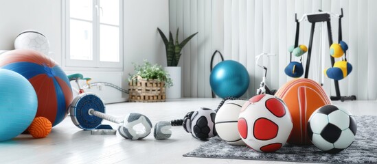 various kinds of sports balls in light room - obrazy, fototapety, plakaty
