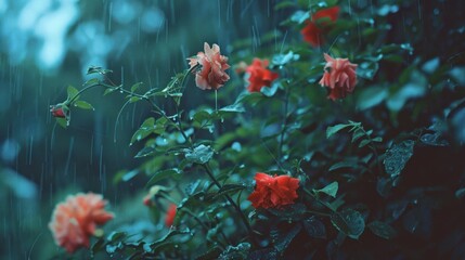 Fototapeta na wymiar closeup Flowers under the falling rain