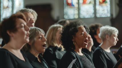 A choir made up of members from diverse age groups and ethnicities sings passionately inside a church. The natural light from the windows highlights their expressions, with the arc - obrazy, fototapety, plakaty