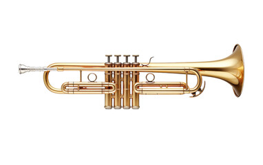 A gleaming brass trumpet stands proudly on a white background