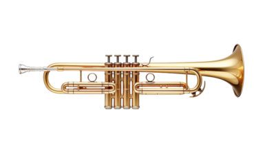 A gleaming brass trumpet stands proudly on a white background