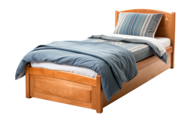 A wooden framed bed adorned with a cozy blue blanket