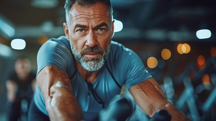 Fit Senior Man Exercising on Stationary Bike at Gym Generative AI