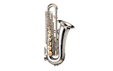 A gleaming silver saxophone resting gracefully on a pristine white background