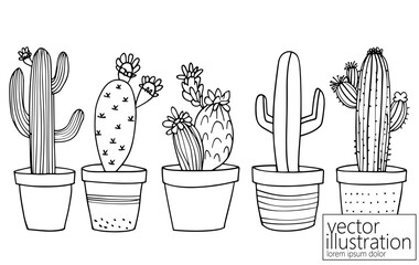 Set of cactus succulent plants. Home plants one line ink sketch flowers in a pot decorative houseplant. Contour outline vector illustration