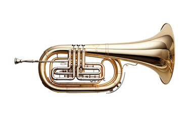 A gleaming brass trumpet stands proudly on a white background