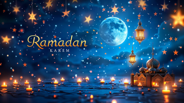 Muslim Holiday with Dark Night Arabian Cityscape, Mosque - Creative Design Vector Format