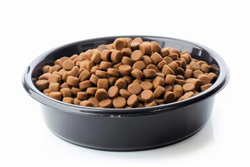 Healthy kibble in dog bowl on white background