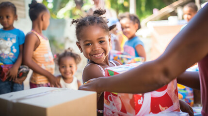 Conference attendees distribute school supplies to children in a low-income community. The joyful exchange is captured in bright daylight, with the children’s smiling faces lit up