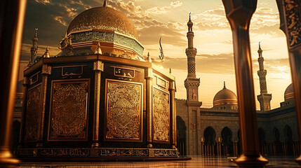 Golden minarets symbolize arabic spirituality and culture, AI Generative.