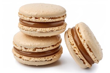 Close up of Argentinian alfajores with dulce de leche and macaroons on white background French delicacy for breakfast - obrazy, fototapety, plakaty