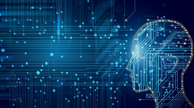 Title: "AI Profile"

Art Description: Vector illustration of an AI head silhouette with circuitry and binary code against a blue background.
