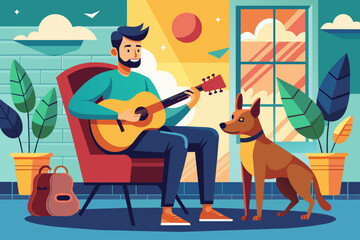 Man sitting in armchair and playing guitar for dog vector