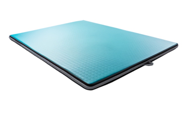 A sleek blue laptop computer rests on a pristine white surface