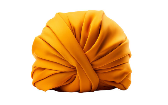A vibrant yellow turban stands out against a pristine white background