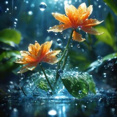 A vibrant close-up of orange flowers glistening with raindrops, set against a dark, bokeh background, highlighting nature's serene beauty after a rain shower.