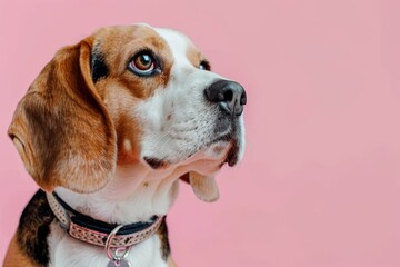 Cute Beagle in fashionable collar with tag on pink backdrop