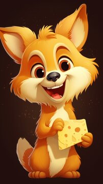 Cute Character: The cartoon image of a little fox holding a piece of cheese creates an adorable scene against a dark background.