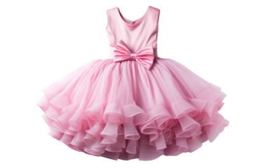 A charming little girl wearing a pink dress with a big bow in her hair smiles brightly