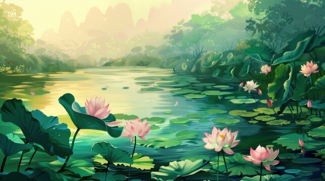 painting of Lotus in the river made with colored paint