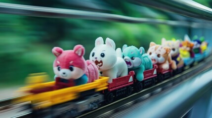 animals on a toy train - obrazy, fototapety, plakaty
