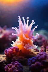 An orange and white sea anemone on a rock. Generative AI.
