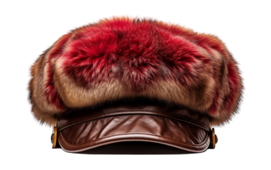 A stylish brown hat with vibrant red fur on top, standing out against a neutral background