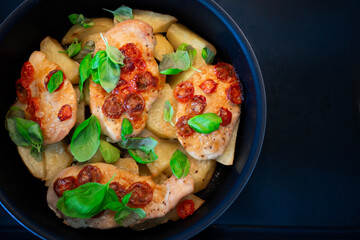 chicken breast overbaked with mozarella cheese and tomatos served with fresh basil mediterranean diet
