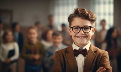 A young boy wearing glasses and a bow tie in a school. Generative AI. - obrazy, fototapety, plakaty