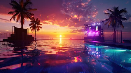 Fototapeta na wymiar Pool in beach with Sunset in background and DJ Stage