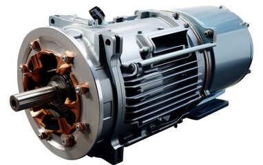 A shiny electric motor sits on a white background, showcasing its intricate design and engineering